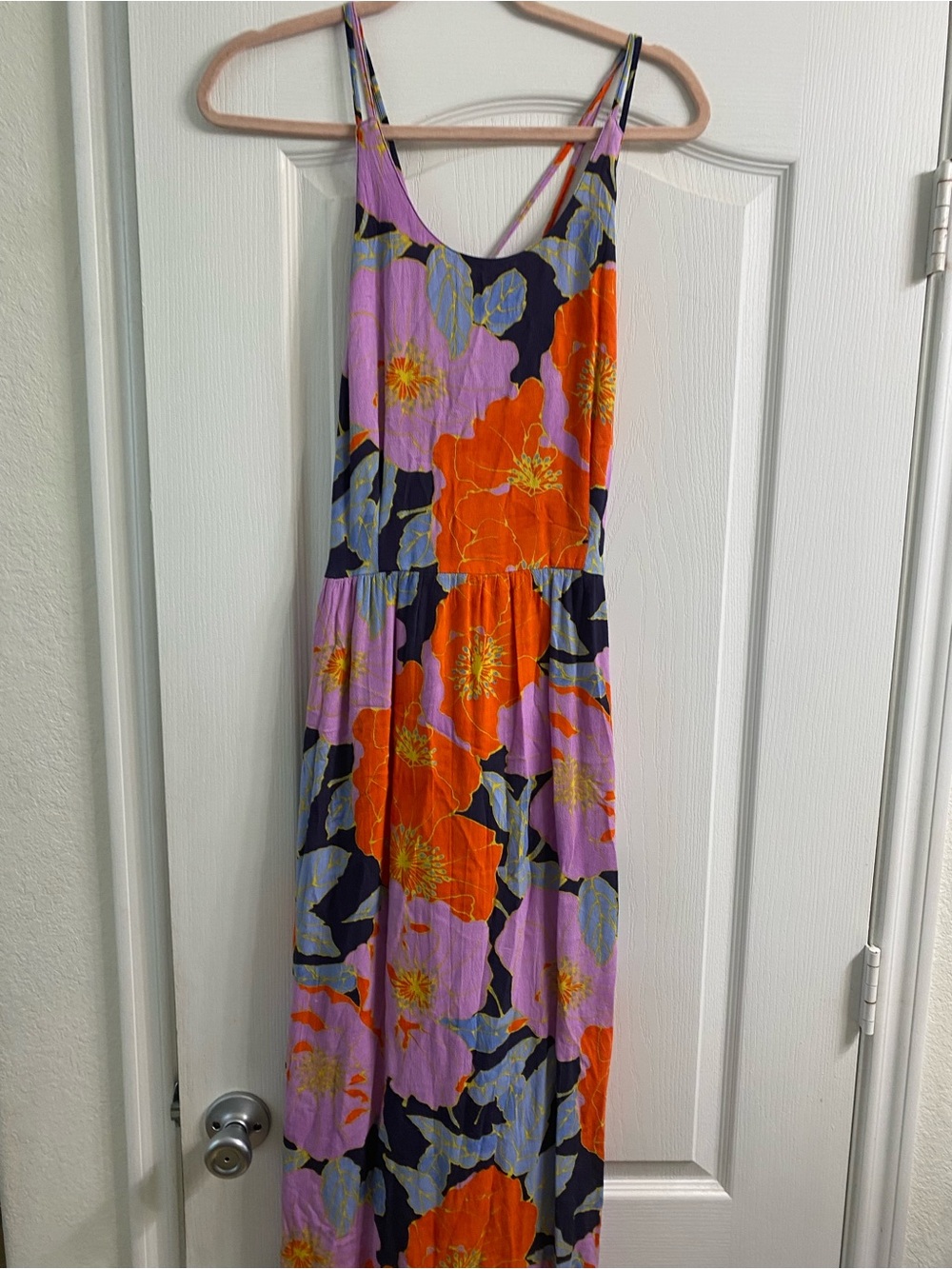LOFT Full Bloom Cross-Back Floral Maxi Boho Dress Purple Orange Watercolor 10 - Picture 3 of 16
